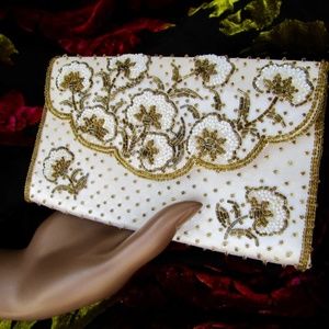 gold and white beaded envelope bag, clutch handmade in Tokyo in 1960s, pristine